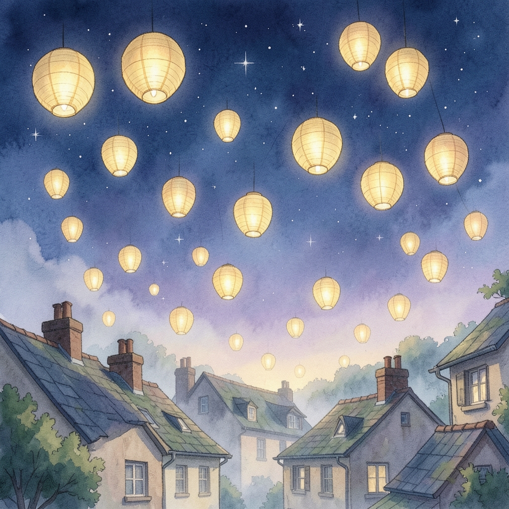 Paper lanterns rising together into a twilight sky