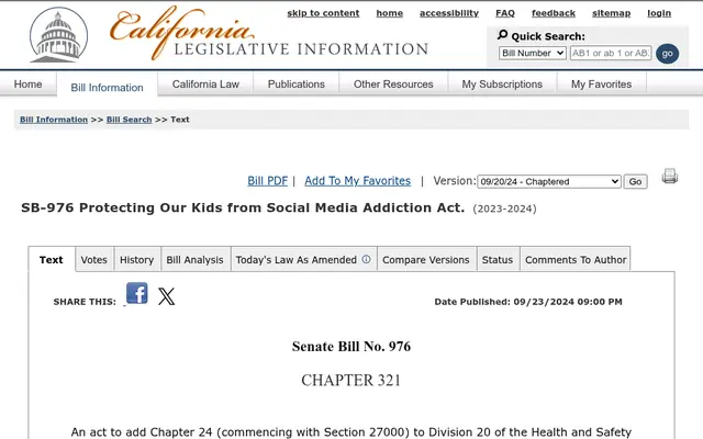 Chaptered text of California Senate Bill 976, Chapter 321, approved by the Governor