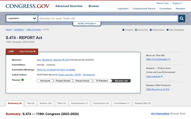 Congress.gov page for S.474, the REPORT Act